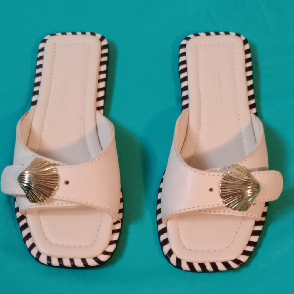 FARM Rio Cream Sandals with Gold Shell Detail - Picture 1 of 6